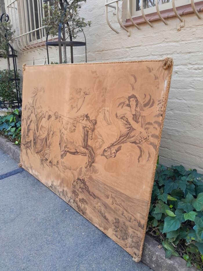 An Antique Tapestry of Aurora Leading the Carriage of Apollo Surrounded by Hours (after Reni) stretched on a Wooden Frame - Image 5