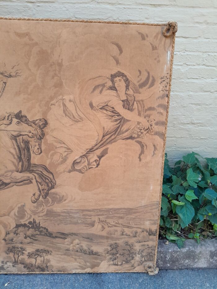 An Antique Tapestry of Aurora Leading the Carriage of Apollo Surrounded by Hours (after Reni) stretched on a Wooden Frame - Image 6