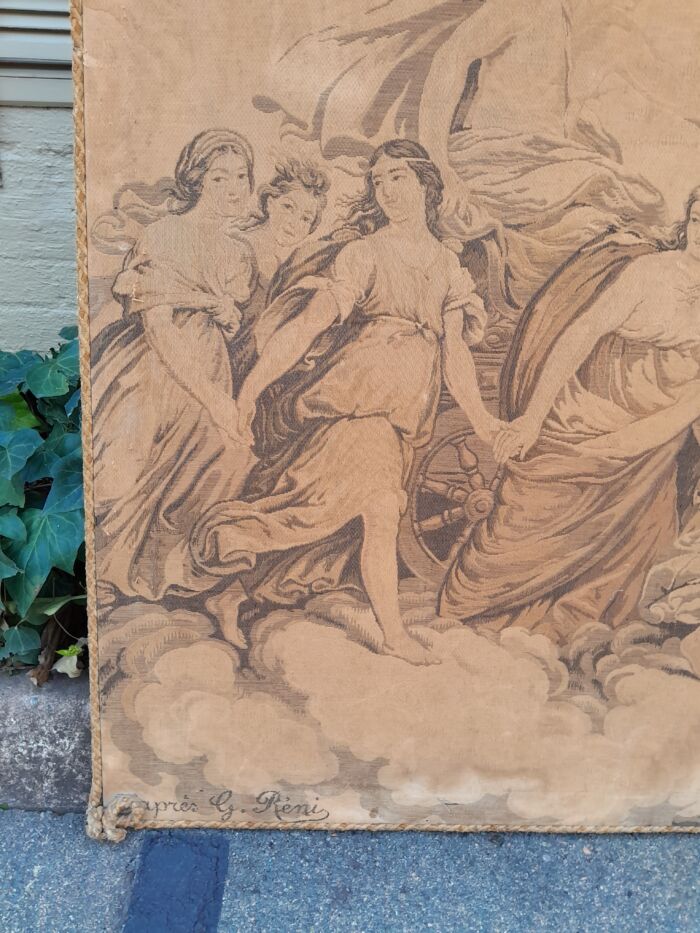 An Antique Tapestry of Aurora Leading the Carriage of Apollo Surrounded by Hours (after Reni) stretched on a Wooden Frame - Image 8