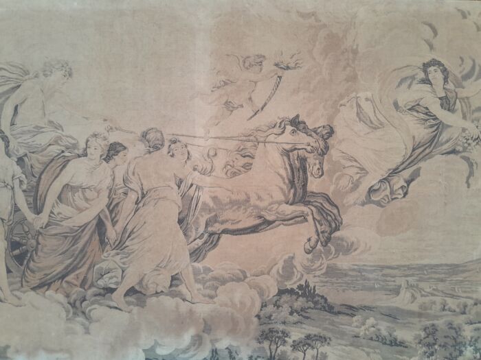 An Antique Tapestry of Aurora Leading the Carriage of Apollo Surrounded by Hours (after Reni) stretched on a Wooden Frame - Image 9