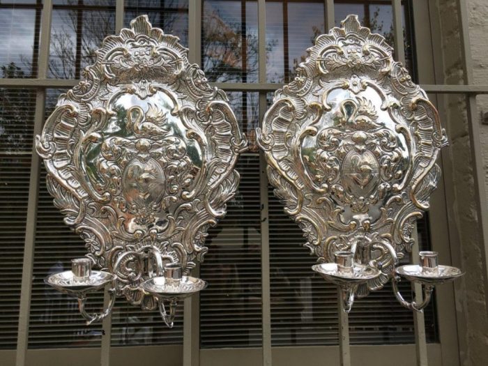 Pair 19th Century Silvered Brass Repousse Two-Light Wall Sconces