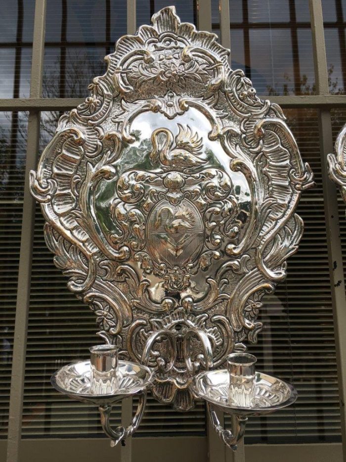 A Pair of 19th Century Silvered Brass Repousse Two Light Wall Sconces Possibly Dutch or English - ND - Image 3