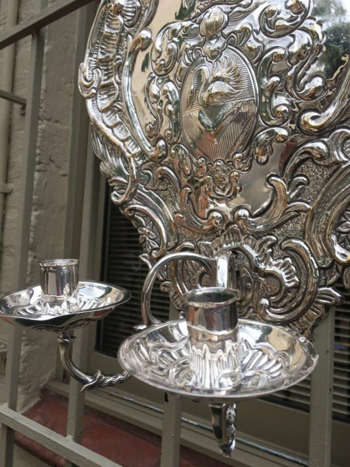 A Pair of 19th Century Silvered Brass Repousse Two Light Wall Sconces Possibly Dutch or English - ND - Image 4