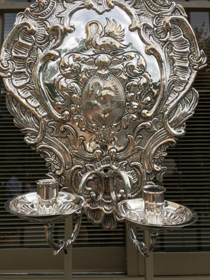 A Pair of 19th Century Silvered Brass Repousse Two Light Wall Sconces Possibly Dutch or English - ND - Image 7