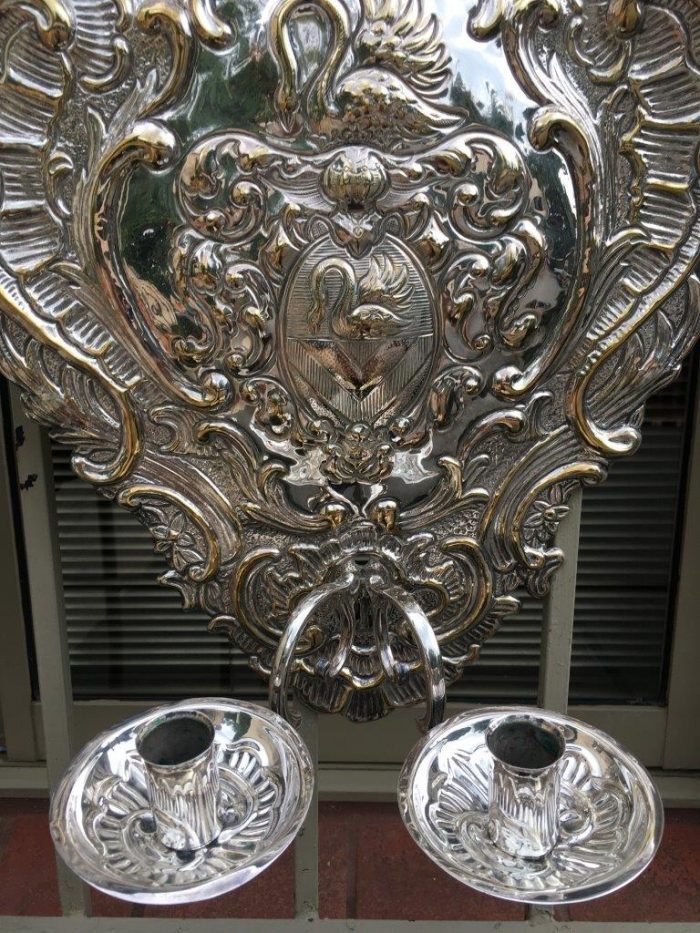 A Pair of 19th Century Silvered Brass Repousse Two Light Wall Sconces Possibly Dutch or English - ND - Image 9
