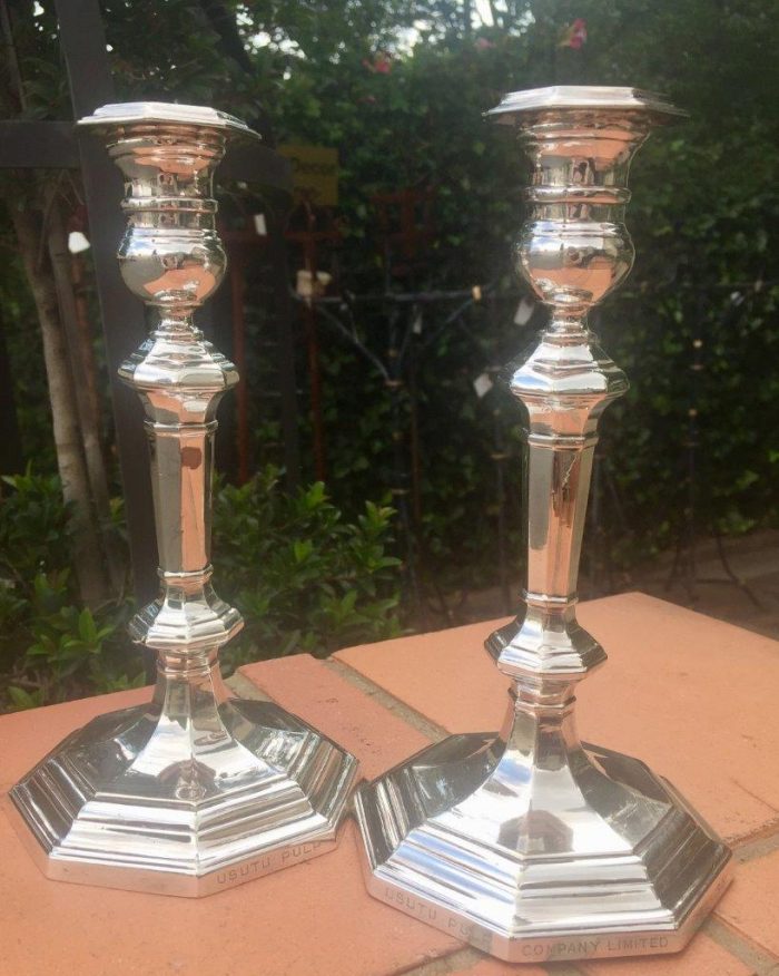 Pair of Mappin & Webb plated candlesticks