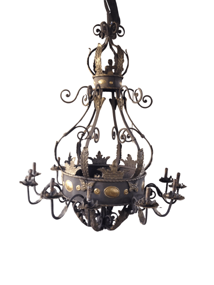 A Large Wrought Iron and Hand-Painted Imported Chandelier with Crown Detail