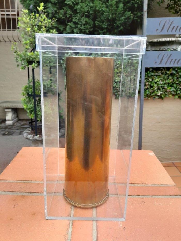 Brass Cannon Shell Circa 1955 in Perspex Box