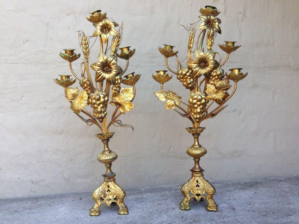 RARE Pair of Antique French Altar bronze candle holders Circa 19th Century  - The Crown Collection