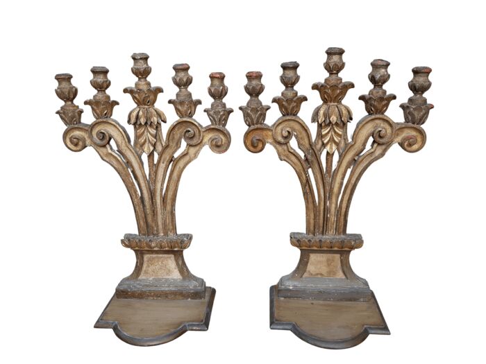 A 19th Century Pair Of Italian Five-Light Giltwood Candelabra