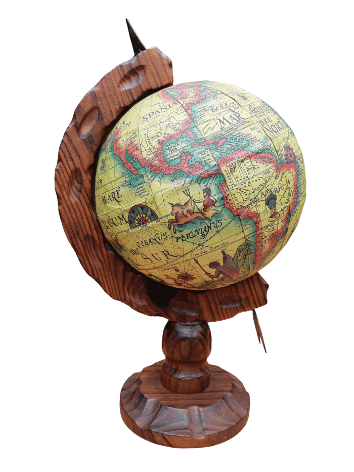 Vintage Old World Globe On Carved Oak Wooden Stand