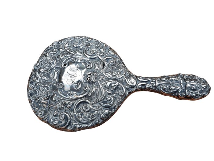 Antique Sterling Silver Hand Held Mirror With Repousse Work - Birmingham 1913