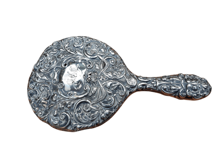Antique Sterling Silver Hand Held Mirror With Repousse Work - Birmingham 1913