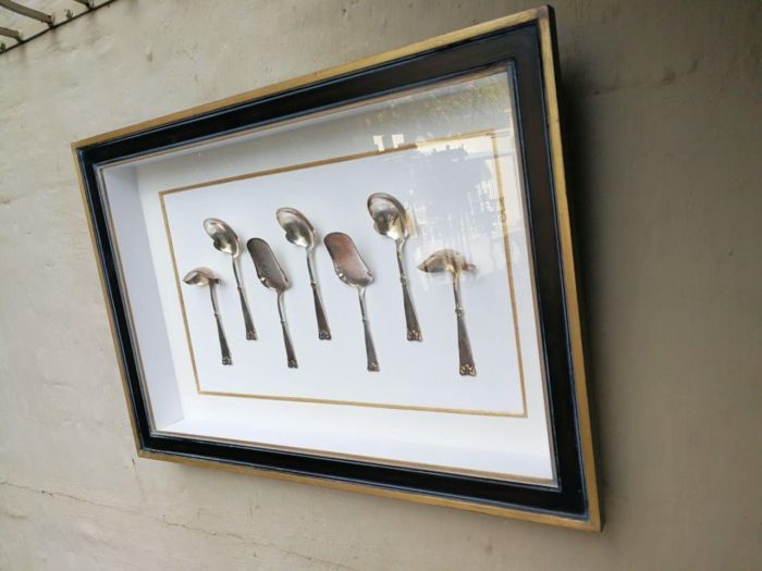 A Collection of Silver Plate Serving Flatware Framed in a Hand-made Frame - Image 3