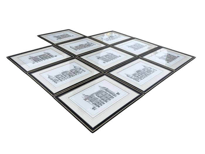 A Set of 10  William Chambers Rare Vintage Architectural Prints in Handmade Wooden Frames with Gilt Mountings. Circa 1980