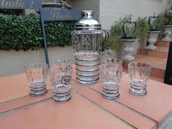 An 8-piece Czech Art Deco Crystal Cocktail Set circa 1930s  plus 6 x matching shot glasses(Minor nicks and chip to 2 x glasses)