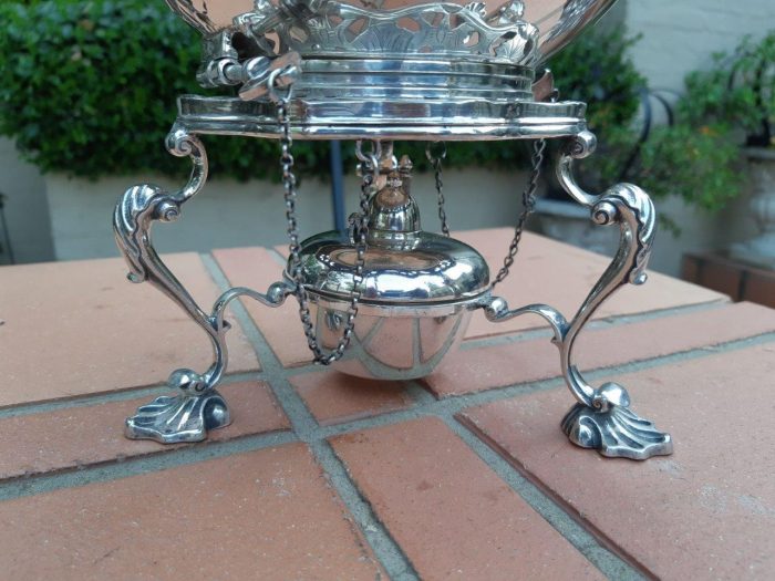 A Victorian silver plate tea kettle on stand with burner - ND - Image 7