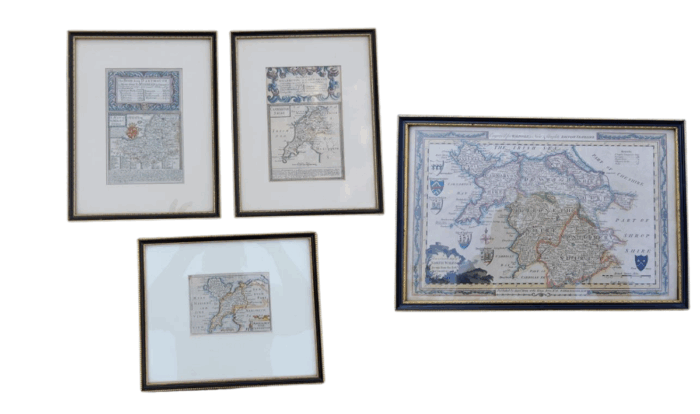 A Set Of Four (4)  Antique Maps Of Wales, Hand Coloured Engraving