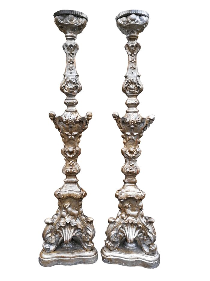 Pair Of Baroque-Style Silvered Wooden Carved Altar Pricket Sticks, 19th Century, Carved With A Pair Of Cherubs