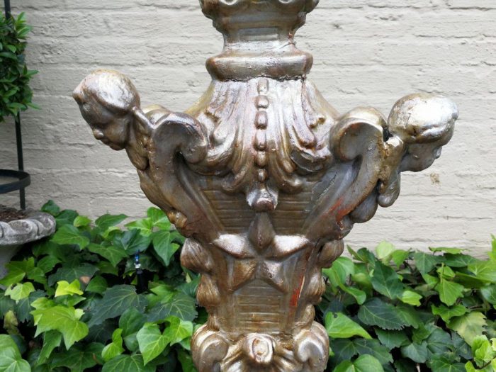 Pair Of Baroque-Style Silvered Wooden Carved Altar Pricket Sticks, 19th Century, Carved With A Pair Of Cherubs - Image 6