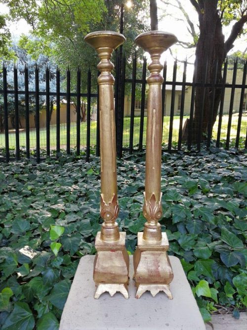 Pair Of Hand-Gilded With 22karat Gold Leaf Wooden Candle Sticks
