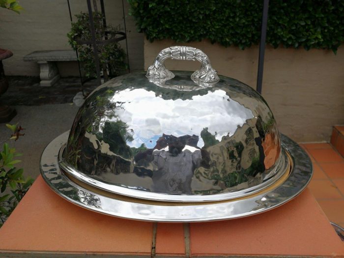 An Italian  Silver Plate Food Dome With Undertray And Wooden Cutting Board - Image 2