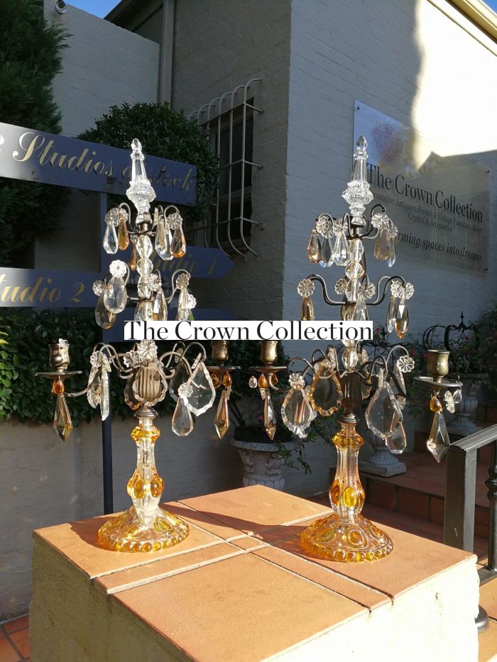 A Pair Of Glass And Metal Lustre Candelabra ND