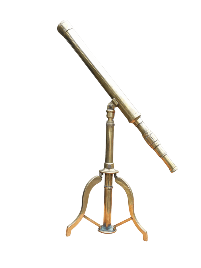 An Antique Brass Floor Standing Telescope On Tripod With Lens Cover