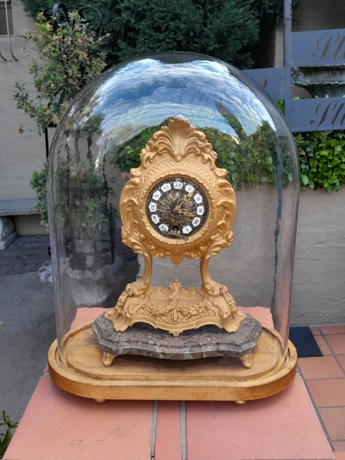 A 19th Century French Gilt Metal Clock in Glass Cloche with Hand Gilded Wooden Base - Image 3