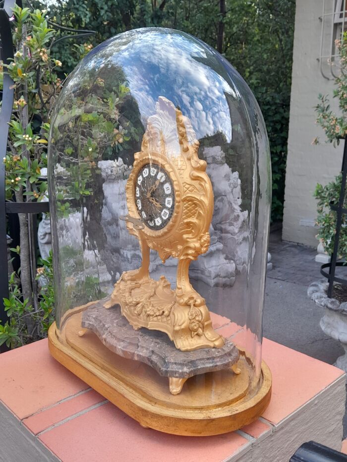 A 19th Century French Gilt Metal Clock in Glass Cloche with Hand Gilded Wooden Base - Image 5