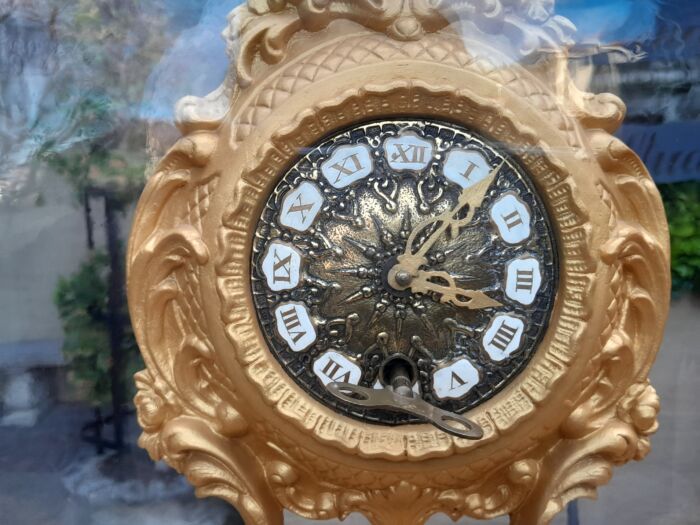 A 19th Century French Gilt Metal Clock in Glass Cloche with Hand Gilded Wooden Base - Image 11