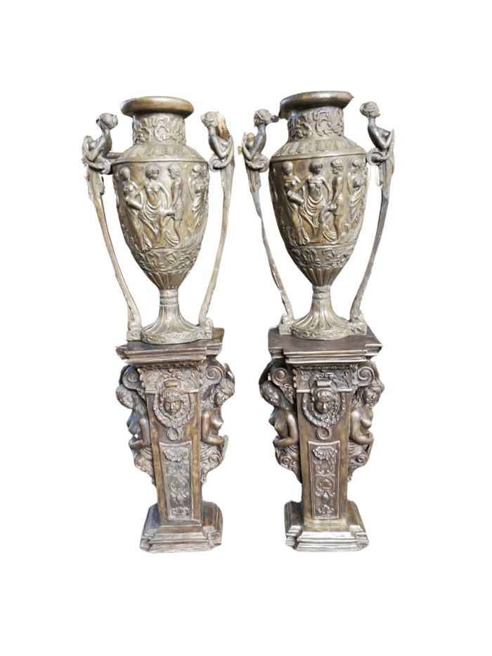 A Pair of Large Size Bronze Urns on Plinths