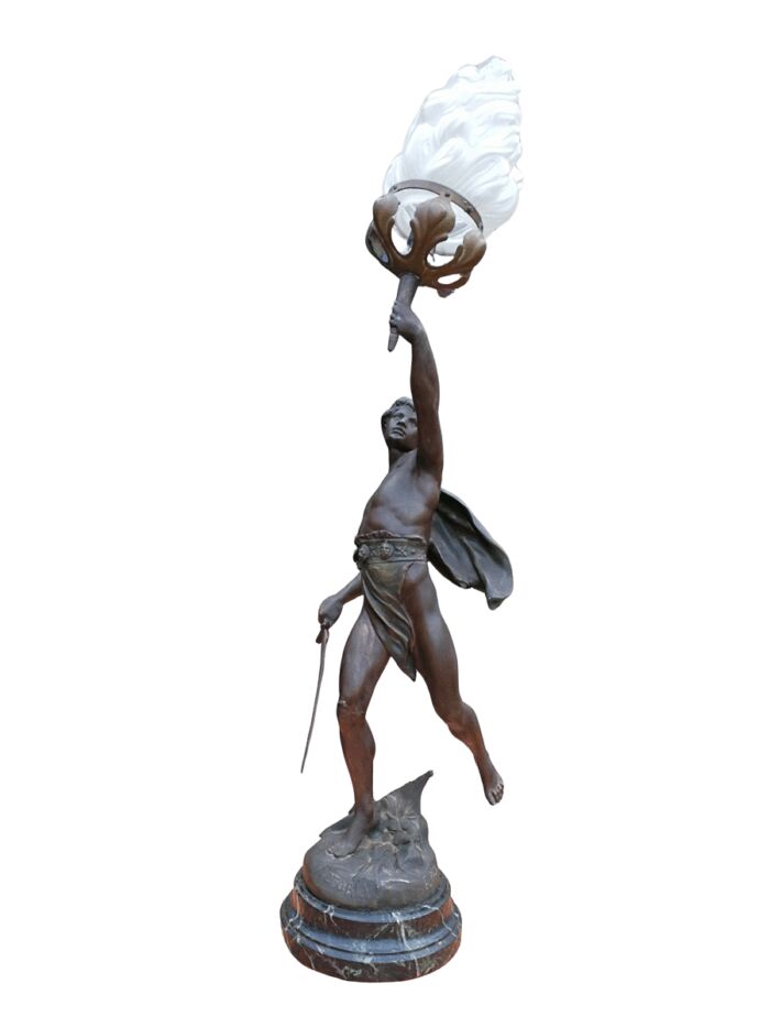 Spelter Torch Carrier Lamp With Frosted Glass Shade