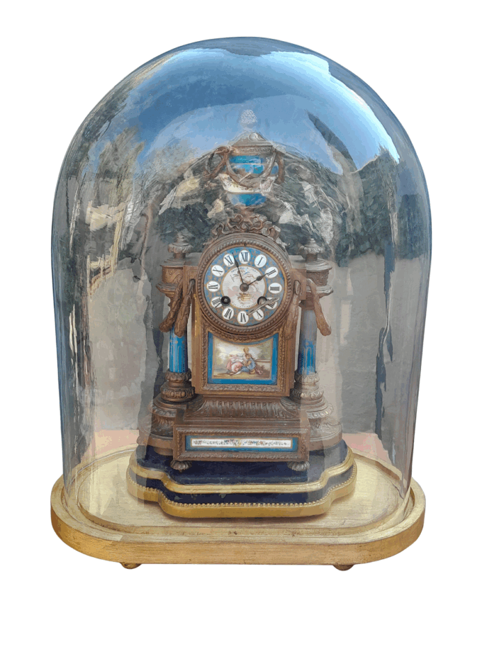 A 19th Century French-style MARSHALL & SONS Edinburgh Gilt Metal and Hand-Painted Ceramic Clock with Roman Numerals Encased in an Imported and Hand Gilded Glass Cloche of Large Proportion