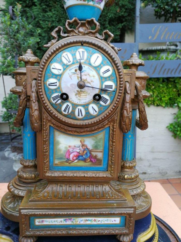 A 19th Century French-style MARSHALL & SONS Edinburgh Gilt Metal and Hand-Painted Ceramic Clock with Roman Numerals Encased in an Imported and Hand Gilded Glass Cloche of Large Proportion - Image 9