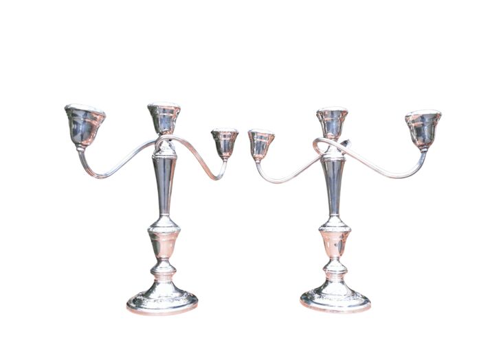 A Pair Of 20th Century Gorham Silver Plate Three Light Candelabras Candle Holders  Convertible Circa 1940