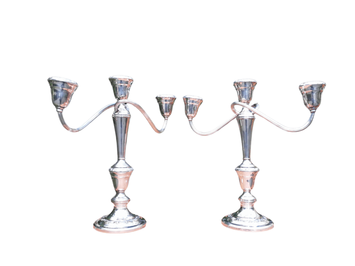 A Pair Of 20th Century Gorham Silver Plate Three Light Candelabras Candle Holders  Convertible Circa 1940