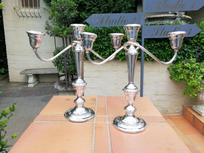 A Pair Of 20th Century Gorham Silver Plate Three Light Candelabras Candle Holders  Convertible Circa 1940 - Image 2