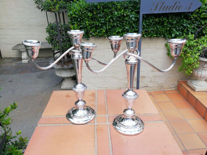A Pair Of 20th Century Gorham Silver Plate Three Light Candelabras Candle Holders  Convertible Circa 1940 - Image 3