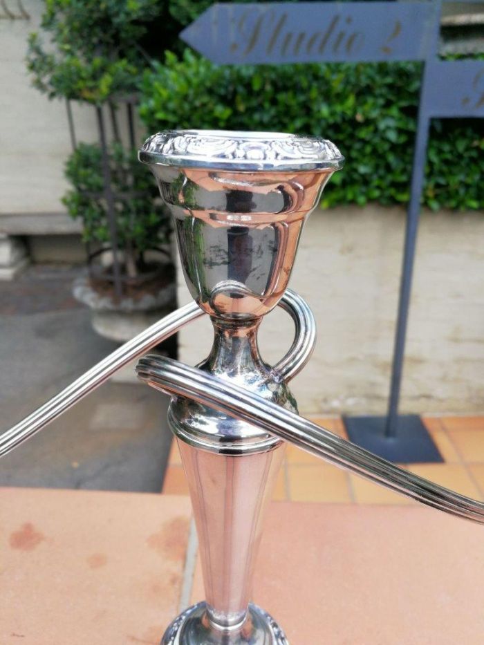 A Pair Of 20th Century Gorham Silver Plate Three Light Candelabras Candle Holders  Convertible Circa 1940 - Image 7