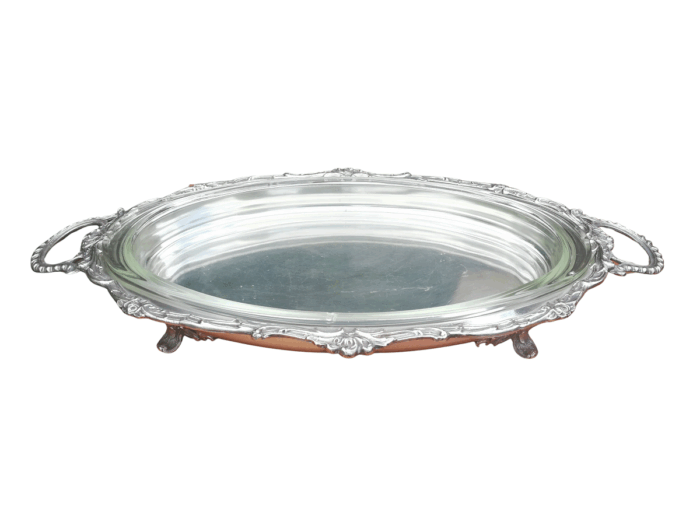 A Large And Heavy Silver Plate Seranco Serving Tray On Feet With Glass Liner