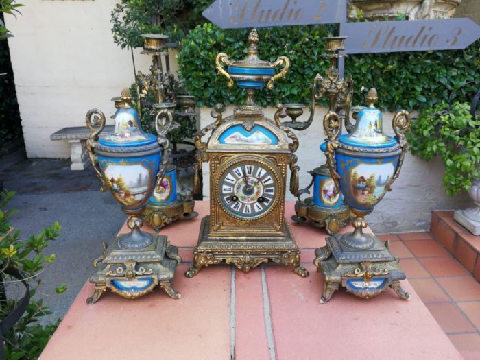 A French Late 19th Century Hand-Painted Clock Garniture Set