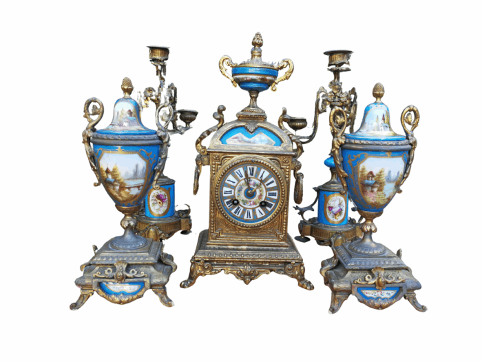 A Late 19th Century French Hand-Painted Five Piece Clock Garniture Set