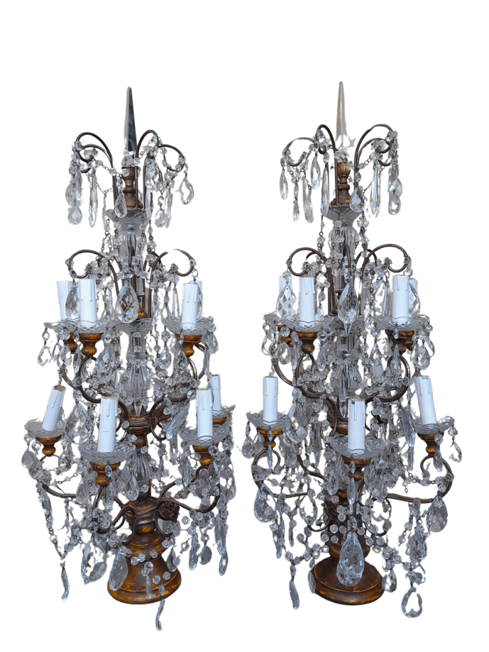 A 20th Century Large Pair Of French Style Crystal Lamps Electrified