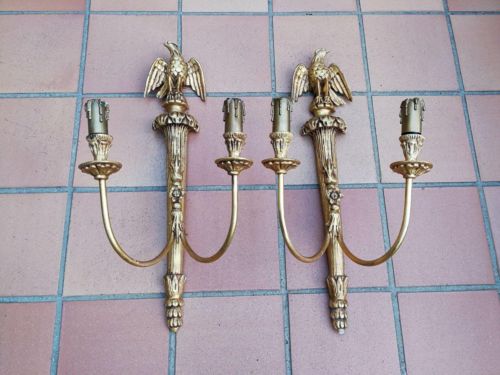 A 20th Century Pair Of Carved Gold Painted Wall Sconces With Eagles