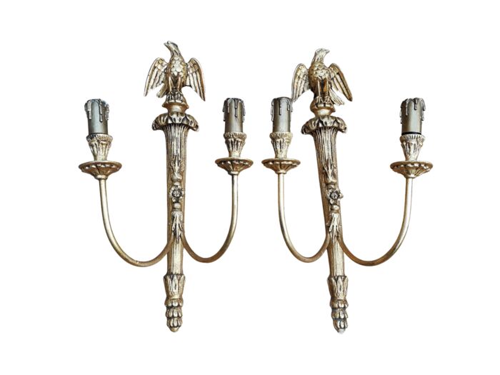 A 20th Century Pair Of Carved Gold Painted Wall Sconces With Eagles