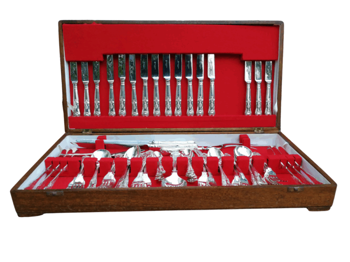 A 20th Century English Spear And Jackson Silver-Plate Kings Pattern Eight Place Setting Cutlery Set In A Canteen