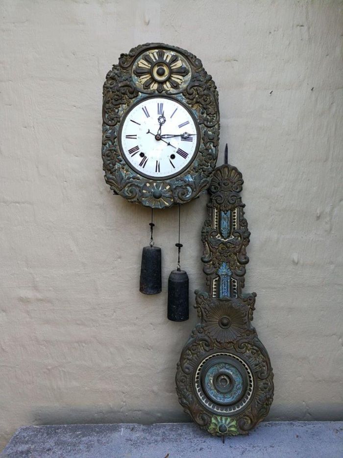 An Antique Circa 1800s French Comptoise Clock with Bell Chime (Recently Serviced)
