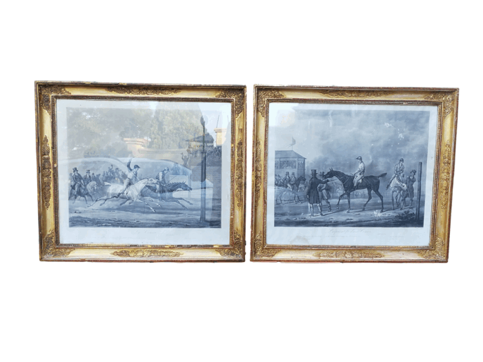 A Pair of Prints In Ornate Giltwood Frames. After Vernet La Course and Preparatifs Dune Course