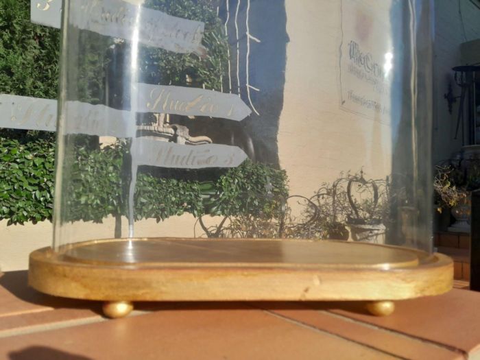 An Extra Large Dome Cloche on a Hand Gilded Wooden Base with Feet - Image 3